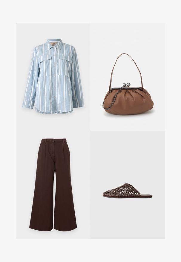 Cămașă butonată de culoare bleu deschis, cu dungi verticale albe, două buzunare frontale și mâneci lungi. Material neted și guler ascuțit.; Pantaloni maro cu talie înaltă, cu picioare largi, închidere cu nasture și fermoar, cu bucle pentru curea și pliseuri în față.; Sandale tip slide împletite, de culoare maronie, cu vârf rotund, design deschis, talpă plată și suprafață texturată. Material ușor și siluetă minimalistă.; Geantă de mână din piele maro, cu un design plisat, un mânere scurt din piele și o curea din lanț. Are un închizător din metal argintiu cu două accente rotunde.