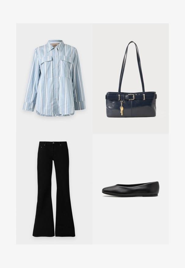 Svetlo modra srajca z gumbi z belimi navpičnimi črtami, dvema sprednjima žepoma in dolgimi rokavi. Gladko blago in koničast ovratnik.; Črne razširjene kavbojke iz denima, ki vključujejo klasično zasnovo s petimi žepi, zapiranje na gumb in diskretne šive ob šivih.; Paul Smith TOPANGA - Balerinke - black; Mornarska usnjena torbica z dvema dolgima ročajema, dodatkom z zaponko in pritrjeno ključavnico. Ima gladko teksturo in pravokotno obliko.