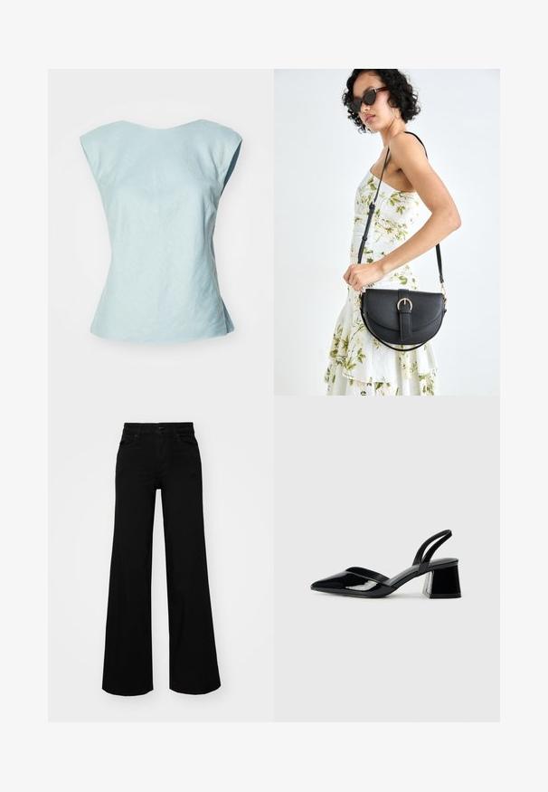 Hellblaues, ärmelloses Oberteil mit weitem Halsausschnitt, aus strukturiertem Stoff gefertigt, mit strukturiertem Schnitt und weit auslaufendem Saum.; Schwarze weit geschnittene Hose aus Denim, mit einem strukturierten Bund, Gürtelschlaufen und Fronttaschen. Glatte Textur mit klassischem Design.; Schwarze Lackleder-Slingback-High Heels mit spitzem Schuh und einem geometrischen Blockabsatz. Verfügt über ein schlankes, minimalistisches Design und eine glatte Textur.; Schwarze Lederhandtasche mit geschwungener Form, abnehmbarem Tragegurt und goldenen Beschlägen. Die Tasche verfügt über einen Deckel mit einer Schnallen-Details.