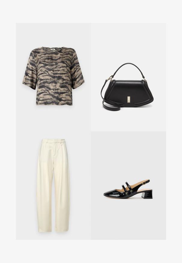 Korte mouwen, crop top in een geribbelde textuur met een beige en zwarte tijgerstrepenpatroon. Beschikt over een ronde halslijn en een ontspannen pasvorm.; Plooibare, hoge taillebroek van licht crèmekleurige stof. Heeft een rechte_snit en een soepele textuur. Geen zakken of zichtbare hardware.; Zwarte patenten leren slingback schoenen met een spitse neus, twee bandjes, gouden ronde accenten en een lage blokhak.; Zwarte leren handtas met een gestructureerd ontwerp, featuring een verkorte vorm, bovenhandvat en gouden hardwareaccent. Inclusief verstelbare schouderband.