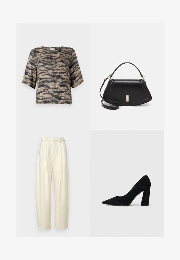 Korte mouwen, crop top in een geribbelde textuur met een beige en zwarte tijgerstrepenpatroon. Beschikt over een ronde halslijn en een ontspannen pasvorm.; Plooibare, hoge taillebroek van licht crèmekleurige stof. Heeft een rechte_snit en een soepele textuur. Geen zakken of zichtbare hardware.; Zwarte suède hoge hak pump met een spitse neus en een chunky hak. Strak ontwerp, gladde textuur en minimalistische stijl. Geen zichtbare merknaam.; Zwarte leren handtas met een gestructureerd ontwerp, featuring een verkorte vorm, bovenhandvat en gouden hardwareaccent. Inclusief verstelbare schouderband.