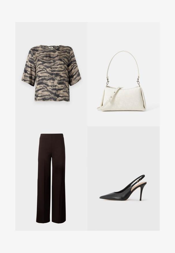 Top corto a maniche corte in tessuto a coste con un motivo a strisce tigre beige e nero. Presenta un collo rotondo e una vestibilità comoda.; Pantaloni neri a gamba larga con vita elastica, realizzati in un tessuto liscio e stretch. Presentano un design pulito senza fantasie.; Scarpa con tacco alto a punta in pelle nera, con una texture liscia e un delicato cinturino con una fibbia metallica.; Borsa bianca con texture liscia, silhouette curva e tracolla regolabile. Presenta un sottile motivo con logo e accenti in metallo argentato.