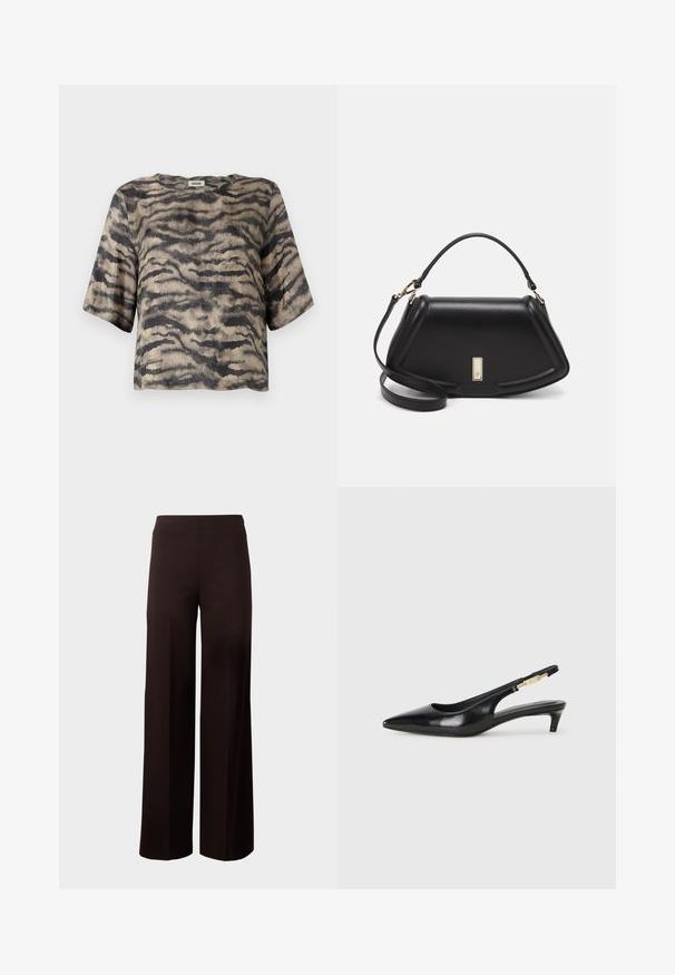 Top corto a maniche corte in tessuto a coste con un motivo a strisce tigre beige e nero. Presenta un collo rotondo e una vestibilità comoda.; Pantaloni neri a gamba larga con vita elastica, realizzati in un tessuto liscio e stretch. Presentano un design pulito senza fantasie.; Tacchi slingback in pelle nera con punta affusolata, caratterizzati da un tacco alto e un accento dorato sulla cinghia regolabile. Texture liscia.; Borsa a mano in pelle nera con un design strutturato, caratterizzata da una forma corta, manico superiore e accessori in metallo dorato. Inclusa tracolla regolabile.