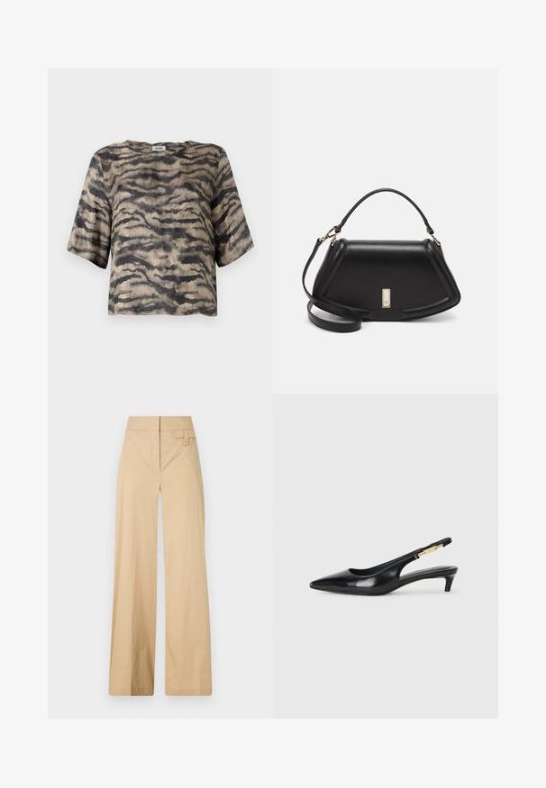 Short-sleeved, cropped top in a ribbed texture with a beige and black tiger stripe pattern. Features a round neckline and relaxed fit.; Beige wide-leg pants made of cotton blend fabric. Features a smooth texture, elastic waistband, and a side button detail.; Black leather slingback heels with a pointed toe, featuring a slim heel and a gold-tone accent on the adjustable strap. Smooth texture.; Black leather handbag with a structured design, featuring a cropped shape, top handle, and gold hardware accent. Adjustable shoulder strap included.
