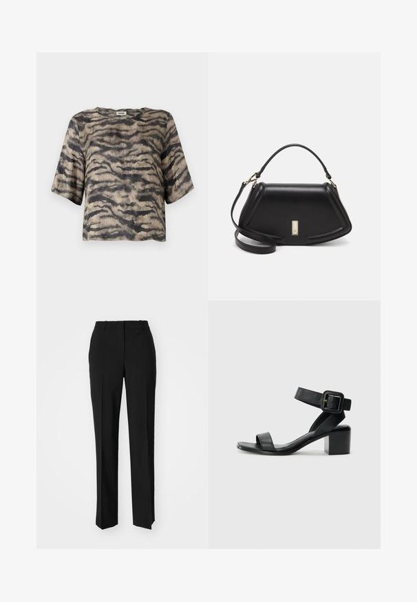 Lyhythihainen, lyhyempi toppi ribbitekstiilissä, jossa on beige-musta tiikeriraitakuosi. Ominaisuuksiin kuuluu pyöreä pääntie ja rento malli.; Mustat räätälöidyt housut suoraa lahjetta, joissa on sileä pinta ja terävät taitteet edessä. Ei näkyvää metalliosaa.; Mustat nahkaiset korkokengät, joissa on säädettävä nilkkastrappi, avoin varvasmuotoilu ja neliömäinen korko. Silkkinen pinta, minimalistinen tyyli.; Mustalla nahkalaukulla, jossa on jämäkkä muotoilu, lyhyt malli, yläkahva ja kultaiset yksityiskohdat. Säädettävä olkahihna sisältyy.