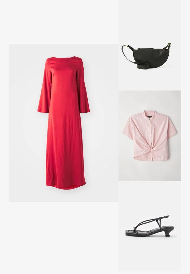 Kurzärmliges, pinkfarbenes Hemd mit Knopfleiste, das einen Stehkragen und ein verdrehtes Vorderteil aufweist, gefertigt aus einem glatten Baumwollmischgewebe.; Langes rotes Kleid aus leichtem Stoff mit einem Bateau-Ausschnitt und weiten Glockenärmeln. Glatte Textur mit gerader Silhouette.; Schwarze Leder-Sandale mit dünnen Riemen, niedrigem Blockabsatz und quadratischer Spitze. Sie verfügt über einen Schnallenverschluss und eine glatte Textur.; Schwarze Leder-Umhängetasche in Halbmondform, mit strukturiertem Oberflächen, goldfarbenem Reißverschluss und flachem Trageriemen. Kompakte Ausführung, die für die wichtigsten Dinge geeignet ist.