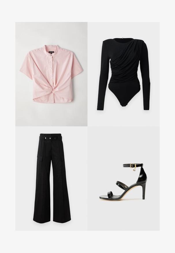 Lyhythihainen, vaaleanpunainen nappipaita, jossa on bändikaulus ja kierretty etuosa, valmistettu sileästä puuvillasekoitekankaasta.; Musta pitkähiha bodysuit, jossa on epäsymmetrinen rypytetty drapeeraus edessä ja napitavaa kiinnitystä haarassa.; Mustat leveälahkeiset housut, joissa on korkea vyötärö, suuret sivutaskut, kaksi etunappia ja silmukkayksityiskohta. Valmistettu kestävästä kankaasta.; Musta patentoitu nahkasandaali, jossa on kolme hihnaa, nilkkasolki ja 4 tuuman stiletto-korko. Varustettu kultaisilla yksityiskohdilla ja logokoristeella.