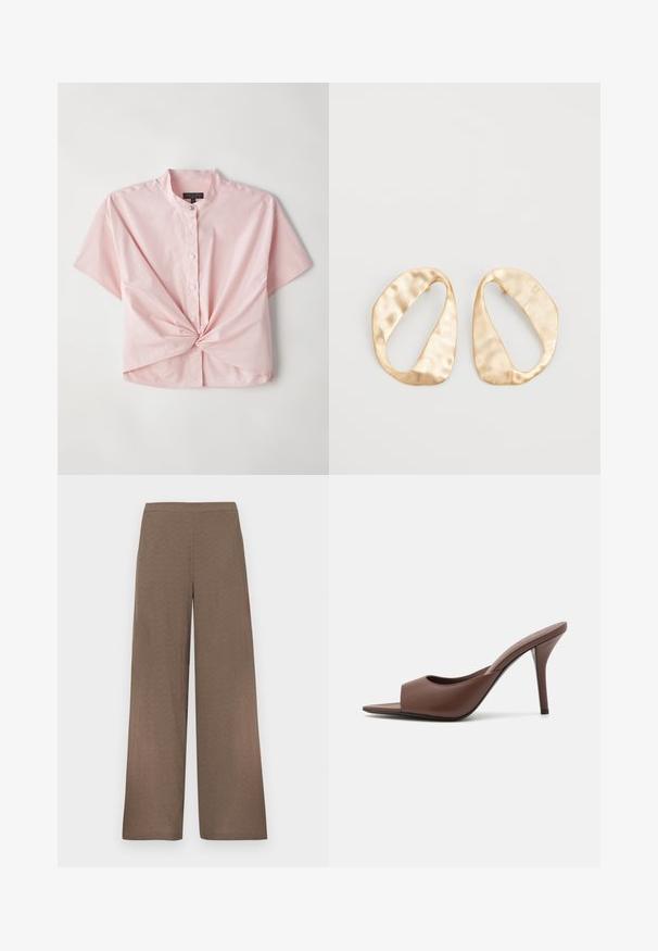 Chemise rose à manches courtes, présentant un col band collar et un détail de devant torsadé, fabriquée en un tissu doux en mélange de coton.; Pantalon marron à jambes larges avec ceinture plate, sans poches ni fermetures visibles, présenté sur un fond blanc.; Mules à talons hauts ouverts en cuir marron avec un design épuré, dotés d'une large sangle avant et d'un talon aiguille élancé.; Une paire de boucles d'oreilles en métal doré, de forme ovales irrégulières, avec une surface texturée et légèrement martelée sur fond blanc.