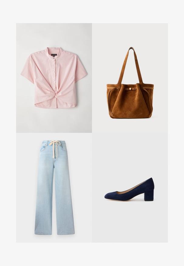 Ružová košeľa s krátkym rukávom na gombíky, so stredným golierom a krúteným detailom vpredu, vyrobená z hladkej bavlnenej zmesi.; Svetlo modré široké džínsy vyrobené z denimu, s elastickým pásom so šnúrkou a klasickým dizajnom piatich vreciek s minimálnym vyblednutím.; Námořnické modré semišové lodičky s špičatou špičkou a středním blokovým podpatkem. Hladká textura s jemným leskem a malým výstřihem vpředu.; Hnedá semišová taška s dvoma uchami, uzatváraním na gombík a uvoľneným, mierne splošteným tvarom.