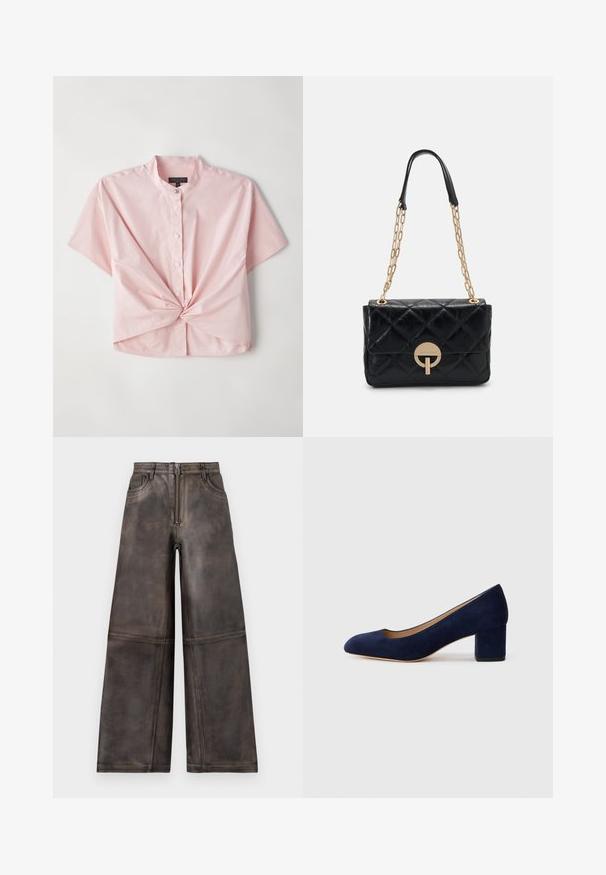 Růžová krátká košile s knoflíky, s band collar a twist předním detailem, vyrobená z hladké směsi bavlny.; Kapsáčové kalhoty z hnědé kůže s texturovaným povrchem, vybavené předním zipem, poutky na opasek a diskrétními bočními kapsami.; Námořnicky modré semišové lodičky s špičatou špičkou a středně vysokým blokovým podpatkem. Hladká textura s jemným leskem a malým výřezem na přední části.; Černá prošívaná kožená kabelka se zlatým řetězovým popruhem, zdobená kulatým uzávěrem. Kompaktní obdélníkový tvar s hladkým povrchem.