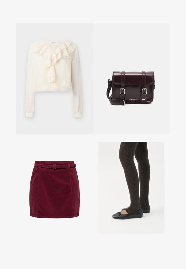 Bílá halenka s dlouhým rukávem a výstřihem do V, zdobená volánkovým detailem vpředu. Vyrobena z lehkého materiálu, má zkrácený střih a jemnou texturu.; Burgundská kordurová mini sukně s odpovídajícím opaskem, který má obdélníkovou sponu a kovové kroužky, s malými rozparky na bocích lemu.; Černé ploché boty s malou mašlí na špičce, kombinované s tmavě hnědými žebrovanými punčochami. Boty mají hladký povrch a nízký profil.; Burgundská lakovaná křížová taška obdélníkového tvaru, se dvěma popruhy, stříbrnými kovovými doplňky a klopovým uzávěrem.