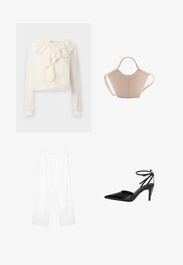 Hvid langærmet bluse med V-hals og rynket frontdetalje. Lavet af letvægtsstof, har et cropped design og blød tekstur.; Hvide linnedbukser med en løs pasform, der har et lige ben design, frontlommer og en flad talje. Glat tekstur hele vejen igennem.; Sort spidsede højhælede sko med udskæringsdesign og justerbar ankelrem. Skoen har en glat, shiny overflade og en slank hæl.; Lysebrun læderhåndtaske med en unik form, featuring to korte håndtag og et langt justerbart rem. Glat tekstur med minimal hardware.