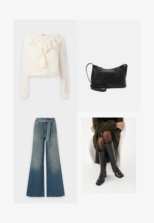 Hvit langermet bluse med V-hals og voluminøst frontdetalj. Laget av lett stoff, har en cropped design og myk tekstur.; Bredde ben jeans med en lyseblå til mørkeblå gradient, høyt liv, beltehemper og et matchende belte i samme stoff. Teksturert denimoverflate.; Knæhøye sorte lærstøvler med firkantet tå og blokkhelt, vist med en modell som sitter iført en olivengrønn kåpe. Glatt tekstur, minimal detaljering.; Svart skinn skulderveske med glatt tekstur, buet form, justerbar stropp og glidelås. Minimalistisk design uten dekorasjoner.