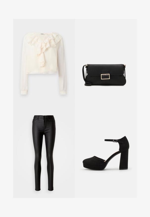 Blusa bianca a maniche lunghe con scollo a V e dettagli arricciati sul davanti. Realizzata in tessuto leggero, presenta un design corto e una texture morbida.; Jeans skinny neri in ecopelle con una consistenza liscia, vita alta, chiusura con bottone e design tradizionale a cinque tasche.; Scarpe con tacco a piattaforma nere in suede, dotate di un spesso tacco a blocco, punta arrotondata e cinturino alla caviglia fissato da una fibbia in metallo. Texture liscia su tutta la superficie.; Borsa a mano in pelle nera con patta e dettaglio in metallo dorato. Include una tracolla nera e un design elegante e minimalista.; Orecchini a cerchio color oro, sottili e rotondi, con una finitura metallica liscia e senza decorazioni o motivi.