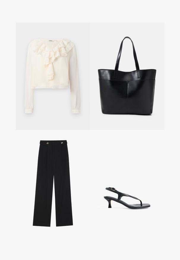White long-sleeve blouse with a V-neck and ruffled front detail. Made of lightweight fabric, features a cropped design and soft texture.; Black wide-leg trousers with high waist, button details on waistband, and front pleats.; Black leather sandal with a slim design, thin straps, and a small heel. Features a buckle accent and a smooth textured footbed.; Black leather tote bag with two long handles, a smooth texture, and a structured shape. Features a front pocket for additional storage.