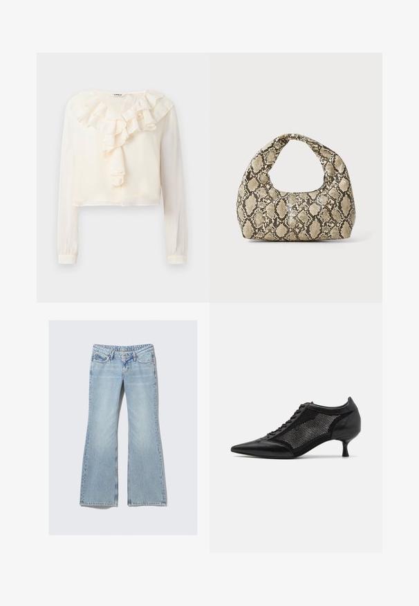 Biely dlhý rukáv blúzka s výstrihom do V a volánkovým detailom vpredu. Vyrobená z ľahkej tkaniny, má skrátený strih a jemnú textúru.; Weekday NOVA - Slimfit džínsy - lip blue; Čierna topánka s ostrou špičkou a sieťovaným panelom, s nízkym opätkom a šnurovaním vpredu. Vyrobená z kombinácie kože a sieťoviny.; Kabelka s hadím vzorom a zakriveným rukoväťou. Vyrobená z textúrovaných béžových a hnedých materiálov, s charakteristickým diamantovým vzorom.