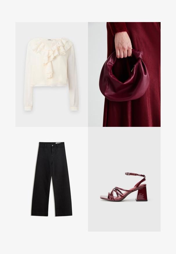 Hvid langærmet bluse med V-hals og rynket frontdetalje. Lavet af letvægtsstof, har et cropped design og blød tekstur.; Sorte wide-leg denim bukser med høj talje, der har front- og baglommer, syede sømme og en knaplukning. Glat tekstur.; Patenterede burgunderrøde hælede sandaler med firkantet tå, der har flere sammenflettede stropper og en kraftig blokhæl. Justerbar ankelrem.; Bordeaux læderhåndtaske med et blødt, samlet design og en rund form. Håndtaget er sikret og viser en glat tekstur.