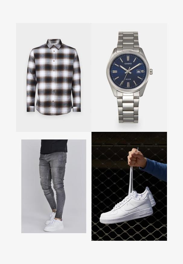 Dlhý rukáv, károvaná košeľa s hnedou, čiernou a bielou farbou, s golierom na gombíky a hnedými gombíkmi na mäkkej látke.; Chudé džínsy v bledom šedom denime s obnosnými detailmi na kolenách, skombinované s bielymi teniskami. Hladká textúra, úzky strih.; Biele kožené tenisky s perforáciami, okrúhlou špičkou, plochou podrážkou a hrubými šnúrkami, pričom majú viditeľné logo swoosh a nápis "AIR" na päte.; Strieborné nerezové hodinky s modrým ciferníkom, kovovými hodinovými značkami a dátumovým oknom na 3. hodine. Vodotesné do hĺbky 50 metrov.