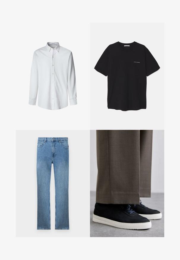 Witte lange mouw blouse van gladde stof, met een button-down kraag en knopen aan de voorkant, met een rechte snit aan de onderkant.; Zwarte katoenen T-shirt met een ronde hals, korte mouwen en een witte logo-print op de linkerkant van de borst. Eenvoudig, effen kleur ontwerp.; Lichtblauwe denim jeans met een rechte snit, vijf zakken, een ritsluiting en contrasterende stiksels. De stof heeft een gladde, gestructureerde afwerking.; Zwarte suède sneakers met witte rubberen zolen, voorzien van een ronde neus en veters, gedragen met grijze tailored broek.