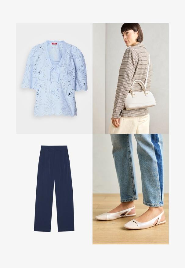 Lys blå bluse med blomster utskjæringer, en bølget kant og et knytebånd ved halsen. Korte puff ermer fullfører designet.; Marineblå bukser med vide ben laget av mykt stoff, med frontfolder, en glatt tekstur og en rett passform uten synlige lommer.; Lys rosa slingback leiligheter med spiss tå, laget av et glatt, læraktig materiale. Har utskjæringer på sidene og lav hæl.; Hvit strukturert håndveske med korte håndtak og skulderreim, med detaljer i gullfinish og teksturert materiale, vist mot en grå bakgrunn.