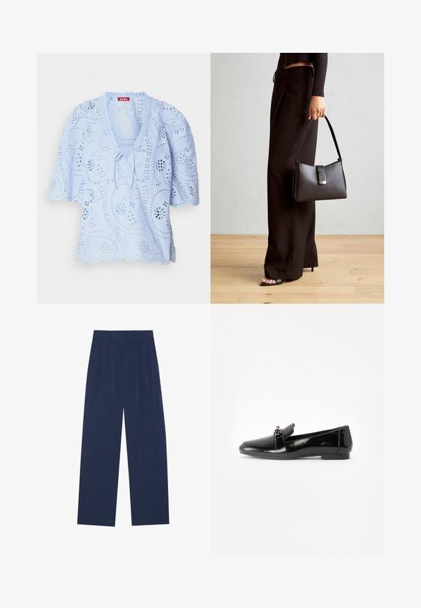 Helles blaues Blusenshirt mit floralen Ausschnitten, einem gewellten Saum und einem Bindeband am Halsauschnitt. Kurze Puffärmel runden das Design ab.; Himmelblaue Weitbundhosen aus weichem Stoff, mit vorderen Falten, glatter Oberfläche und einem geraden Schnitt ohne sichtbare Taschen.; Schwarze Lackleder-Lederschuhe mit flacher Sohle, runder Spitze und einem dekorativen Riemen mit einem goldfarbenen Akzent. Glattes, glänzendes Finish.; Schwarze Handtasche mit strukturierter Form, glatter Textur und einem metallischen Verschluss. Kombiniert mit weiten schwarzen Hosen und offenen Sandalen auf einem Holzboden.; Silberner Doppelring mit einer glatten, polierten Oberfläche. Verfügt über ein fließendes, kurviges Design mit überlappenden Abschnitten für einen modernen Look.; Silberner Doppelring mit einer glatten, polierten Oberfläche. Verfügt über ein fließendes, kurviges Design mit überlappenden Abschnitten für einen modernen Look.