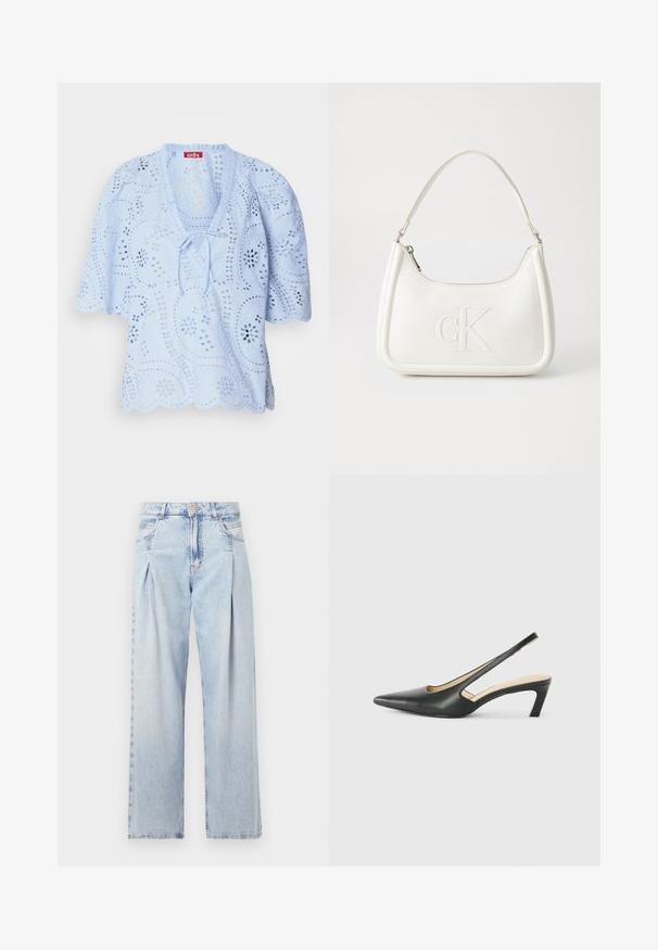 Helles blaues Blusenshirt mit floralen Ausschnitten, einem gewellten Saum und einem Bindeband am Halsauschnitt. Kurze Puffärmel runden das Design ab.; Helle blaue Denim-Jeans mit hoher Taille, weitem Beinschnitt, zwei seitlichen Taschen und gefaltetem Design. Weiche Textur mit einem ausgebleichten Finish.; Schwarzer spitz zulaufender Slingback-Schuh mit niedrigem Absatz, der aus glattem Leder gefertigt ist und seitliche Ausschnitte für Atmungsaktivität aufweist.; Weiße Lederhandtasche mit abgerundeter Form, ausgestattet mit einem geprägten "CK"-Logo auf der Vorderseite und einem Einzel-Schultergurt. Reißverschluss oben.