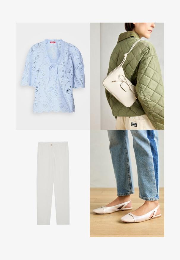 Light blue blouse featuring floral cut-out details, a scalloped hem, and a tie ribbon at the neckline. Short puff sleeves complete the design.; White, tailored trousers with a straight leg design, featuring a button closure, belt loops, and side pockets; smooth fabric texture.; Pale pink slingback flats with a pointed toe, made from a smooth leather-like material. Features cut-out details at the sides and a flat heel.; Beige leather crossbody bag with a bow detail, gold hardware, and a single adjustable strap, worn over a green quilted jacket.