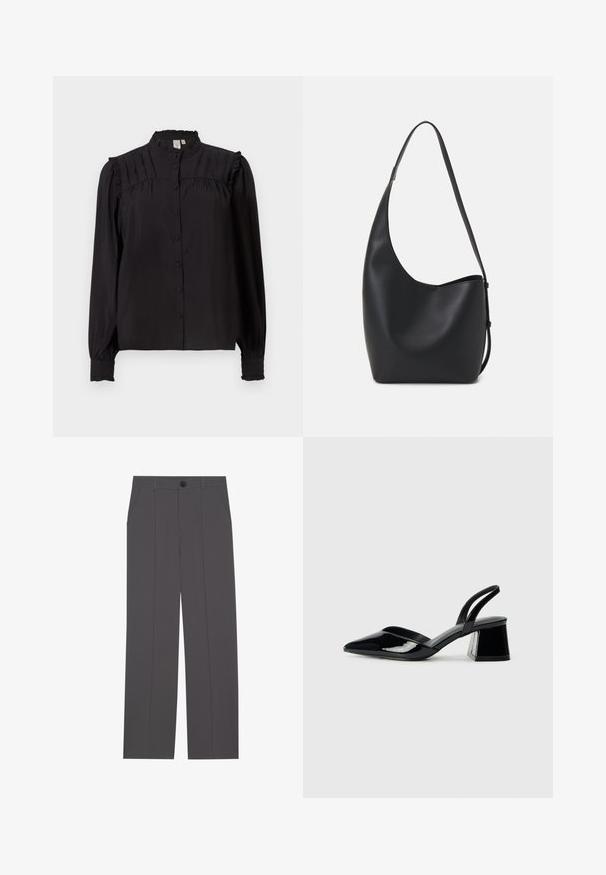 Fekete, hosszú ujjú blúz magas gallérral, elülső gombolással, pliszírozott részletekkel és fodros díszítéssel a vállaknál és a mandzsettánál. Selymes textúra.; Szürke nadrág egyenes lábformával, két oldalsó zsebbe és gombos záródással. Simább anyag, látható minták vagy díszítés nélkül.; Fekete lakk bőr szandálkés magas sarkú cipő, hegyes orral és geometrikus tömbsarkakkal. Karcsú, minimalista dizájn és sima textúra jellemzi.; Fekete bőr hobo táska sima textúrával, ívelt formával és egyetlen állítható pánttal; széles nyílás található a tetején.