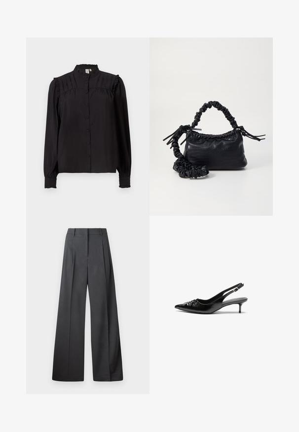 Must olema pikkade varrukatega must pluus kõrge kaelusega, esipaneelil nööbid, plekitud detailid ning krae ja varrukate otsades volangid. Siidiselt pehme tekstuur.; Tumesed püksid tumesinises kangas, kõrge vöökoht, üks voldik ning sile struktuur puhaste ääristega.; Musthave nahkased kõrged kontsad, millel on terav varvas, väike kitten-kont ja dekoratiivne sõlm ees. Ühtlane sile tekstuur.; Must must sünteetilisest nahast käekott, millel on krokodillimuster, kokku tõmmatav ülaosa ja kortsus rihm. Tundub pehme ja kompaktne disain.