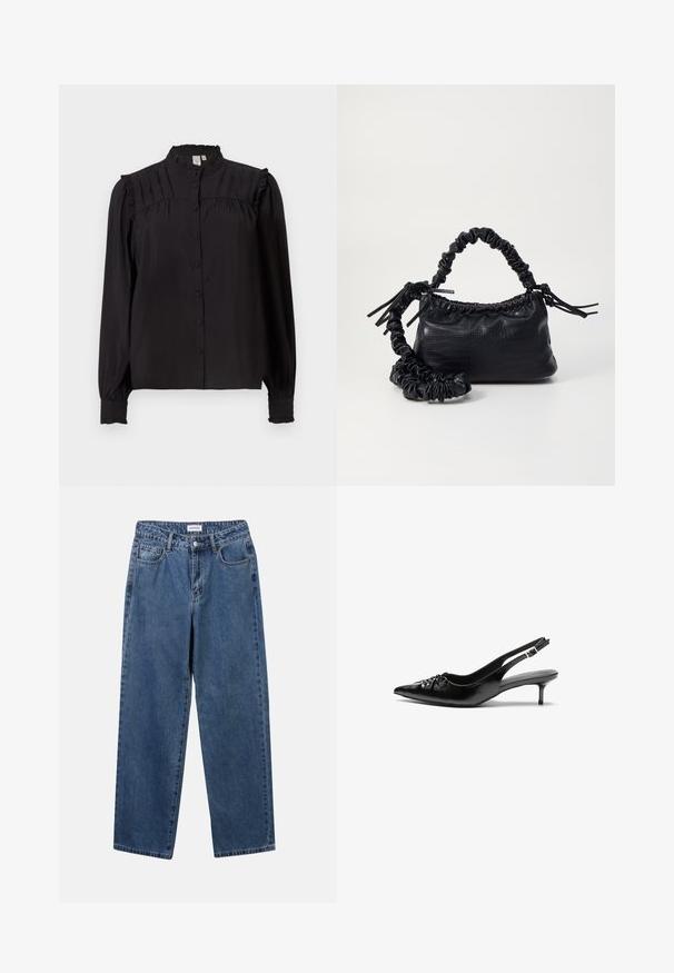 Blusa nera a maniche lunghe con colletto alto, bottoni frontali, dettagli plissettati e accenti arricciati su spalle e polsini. Texture setosa.; Jeans in denim blu classico con design a gamba dritta, cinque tasche e chiusura con bottone. Presentano un lavaggio medio e una trama robusta.; Tacchi slingback in pelle nera con punta affusolata, piccolo tacco kitten e un dettaglio a nodo decorativo sulla parte anteriore. Texture liscia su tutta la superficie.; Borsa a tracolla in ecopelle nera con texture a coccodrillo, apertura cinchata e tracolla arricciata. Si presenta con un design morbido e compatto.