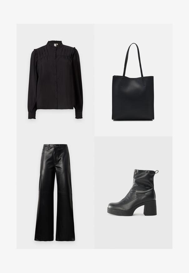 Juoda ilgomis rankovėmis bluzonė su aukštu apykakle, priekiniais mygtukais, raukšlėta apdaila ir volanų akcentais pečiuose ir rankogaliuose. Šilkinis paviršius.; Juodos aukšto juosmens plačios kojų dirbtinės odos kelnės su priekiniais mygtukais, užtrauktuku, diržo kilpomis ir šoninėmis kišenėmis ant balto fono.; Juodos kulkšninių botai, pagaminti iš lygaus odos, su šoniniu užtrauktuku, masyviu tekstūruotu kulnu ir apvaliu pirštu.; Juodas odinis tote krepšys su lygia tekstūra, stačiakampio formos ir dviem ilgais rankenomis. Matomų metalinių detalių ar puošybos nėra.