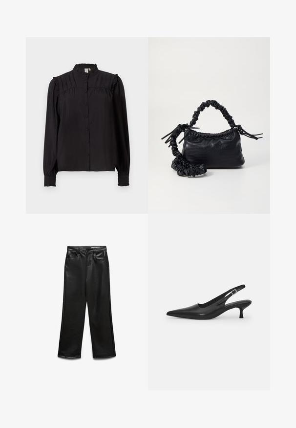 Mustapaitainen pitkähihainen pusero, jossa on korkea kaulus, etupainike, pleated-yksityiskohtia ja röyhelökoristeita harteilla ja hihansuissa. Silkkinen rakenne.; Mustat keinonahkaiset leveälahkeiset housut, joissa on etutaskut, vyölenkit ja hienovarainen kiilto. Sileä pinta ja räätälöity istuvuus.; Mustan nahkainen slingback-kengät, joissa on terävä nenä ja kapea, kaareva korko. Varustettu huomaamattomalla säädettävällä hihnalla, jossa on metallinen solki.; Must-have mustekahvi nahkalaukku krokotiiliaistalla, kiristetty yläosa ja rypistetty hihna. Näyttää pehmeältä ja kompaktilta muotoilultaan.