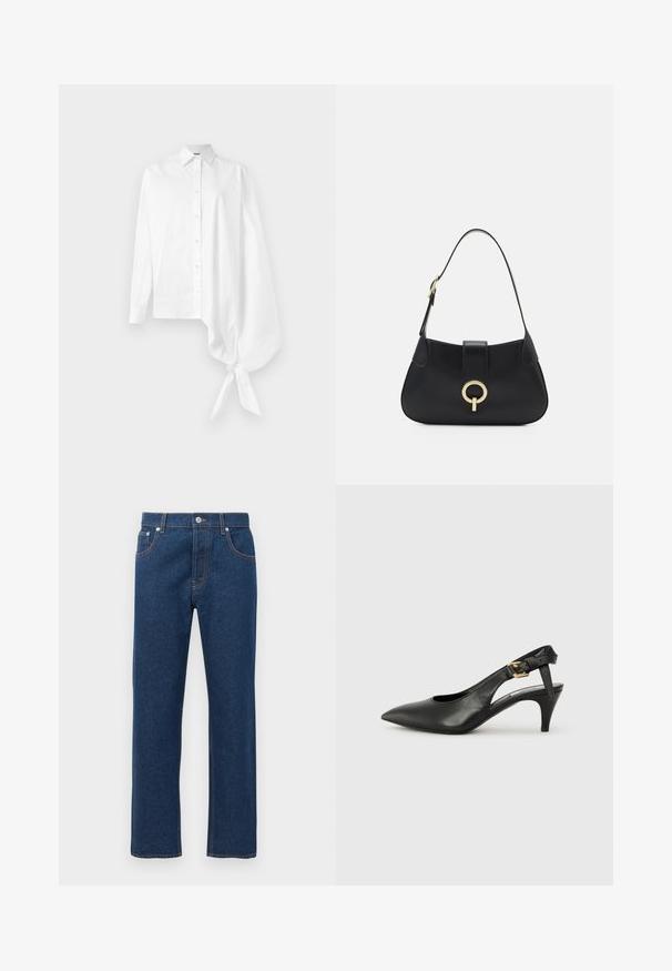 White long-sleeve button-up shirt with an asymmetric oversized gathered sleeve tied at the wrist on the right side.; Straight-leg dark blue denim jeans with front and back pockets, belt loops, button closure, and visible orange stitching.; Black leather slingback pump with a pointed toe, small heel, and a buckle detail on the ankle strap. Smooth texture, minimalist design.; Black leather handbag with a curved silhouette, short strap, central gold-tone hardware, and smooth texture. No visible patterns or accents.