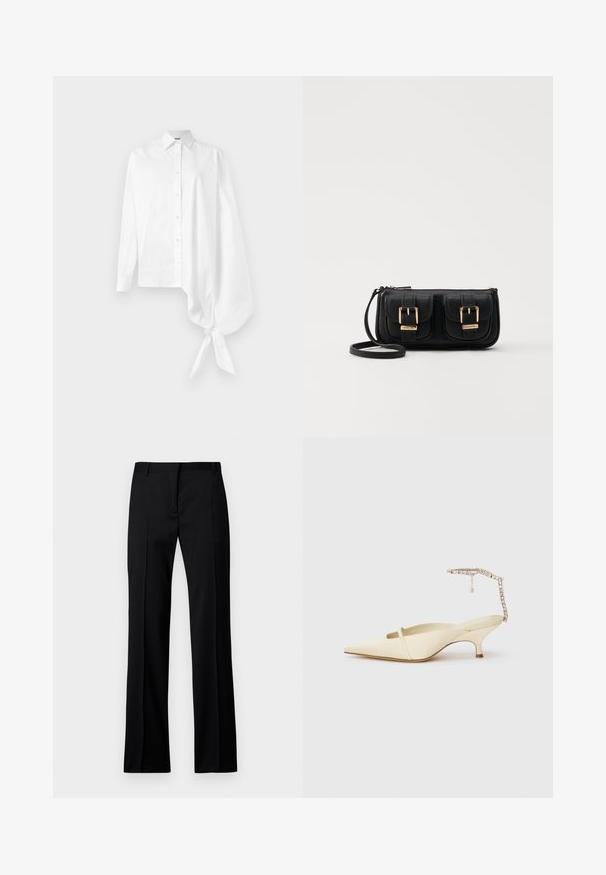 White long-sleeve button-up shirt with an asymmetric oversized gathered sleeve tied at the wrist on the right side.; Black straight-leg trousers in smooth fabric, featuring a flat front, belt loops, and no visible pockets or embellishments.; Cream pointed-toe slingback heel with thin front strap and jeweled ankle strap on white background.; Black leather crossbody bag with two front pockets, gold buckles, zipper closure, and a slim strap. Textured surface and compact rectangular shape.