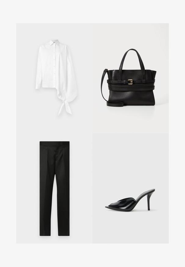 Balta garā piedurkne krekls ar pogu, ar asimetrisku pārspīlētu gathered piedurkni, kas sasieta ap plaukstu labajā pusē.; Melnas bikses ar gludu audumu, pielāgotu dizainu, taisnām kājām un platu jostu bez redzamām aizdaram vai kabatām.; Melnas ādas augstpapēžu mūlas ar atvērtu purngalu, vērptu dizainu, gludu tekstūru un šauru stilletu papēdi.; Melna ādas rokassoma ar strukturētu dizainu, divām augšējām rokturiem, noņemamu siksnu un zelta sprādzi, kas akcentē horizontālo joslu.