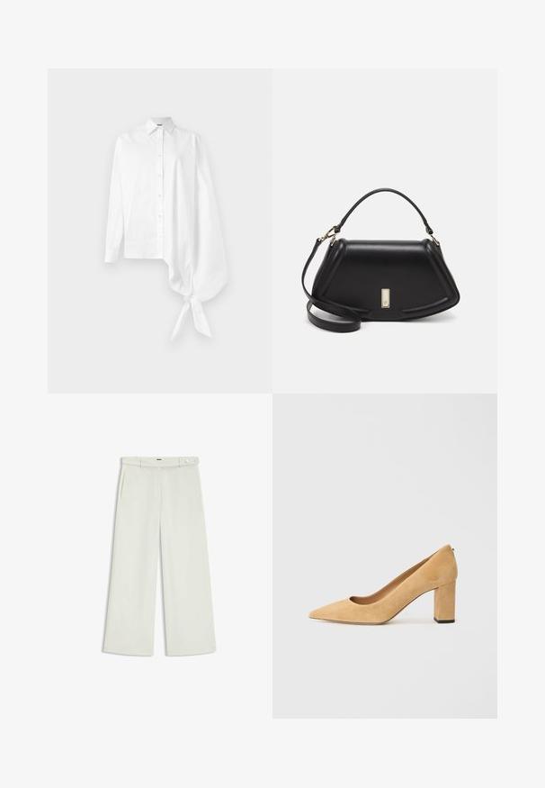 Chemise blanche à manches longues et à boutons, avec une manche oversized asymétrique et froncée nouée au poignet du côté droit.; Pantalons à jambes larges en tissu crème clair, dotés de poches latérales, d'un devant plat et d'une fermeture à un bouton à la taille. Texture lisse.; Pumps à talons hauts en daim beige avec un bout pointu et un talon large. Le matériau a une texture douce avec une finition lisse.; Sac à main en cuir noir avec un design structuré, featuring une forme cropped, une poignée supérieure et des accents en matériel doré. Bandoulière réglable incluse.