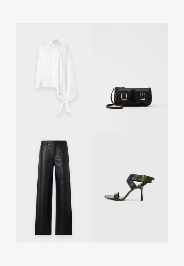 White long-sleeve button-up shirt with an asymmetric oversized gathered sleeve tied at the wrist on the right side.; Wide-leg black leather pants with a smooth texture, featuring front pockets, a button closure, and subtle stitching details.; Black heeled sandal with crossed straps and adjustable buckle. Features a smooth texture and tapered stiletto heel.; Black leather crossbody bag with two front pockets, gold buckles, zipper closure, and a slim strap. Textured surface and compact rectangular shape.