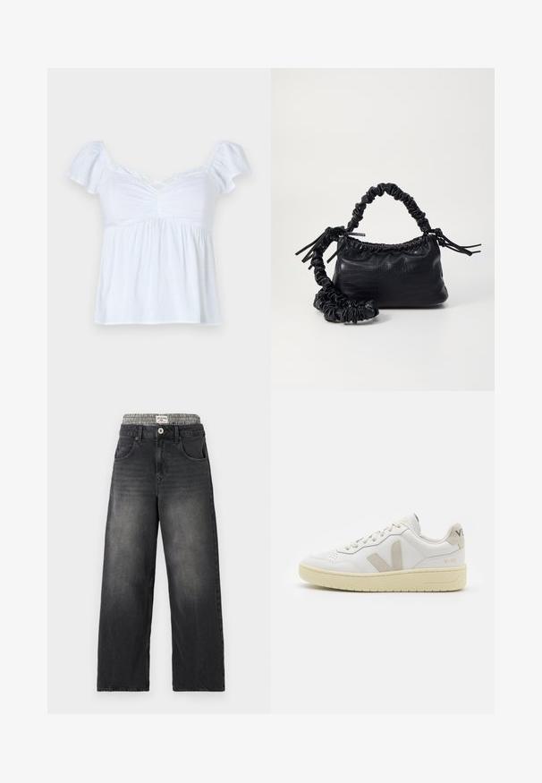 Fehér blúz rövid puffos ujjakkal, ráncolt elülső résszel és bővülő hemrésszel. Könnyű anyagból készült, laza szabása van, és keresztbe akasztott nyakú.; Fekete farmer széles lábú farmernadrág, sakktáblás mintájú derékkal. Jellemzői közé tartozik a frontzsebek és a gombos záródás. Hangsúlyozottan megkopott textúra.; Fehér bőr sneaker bézs velúr részletekkel, perforált orr résszel, lapos fűzőkkel és textúrált krémszínű talppal. Finom márkajelzés található a sarkán.; Fekete műbőr kézi táska krokodil bőr textúrával, összehúzható tetejű és gyűrt pánttal. Lágy és kompakt dizájnúnak tűnik.