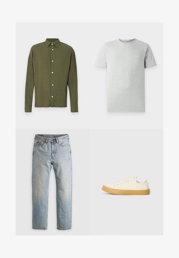 Olejkowa oliwkowa koszula na guziki z długim rękawem, zaostrzonym kołnierzem i subtelnym wzorem teksturowanego materiału, prezentowana na jednolitym tle.; Jasnoszara koszulka typu T-shirt z krótkim rękawem i okrągłym dekoltem, wyeksponowana na białym tle, widok z przodu bez widocznych logo czy wzorów.; Jasnoniebieskie dżinsy z wysokim stanem, z guzikiem z przodu, zamkiem błyskawicznym i pięcioma kieszeniami, ułożone na płasko na neutralnym tle.; Płócienne sneakersy w odcieniu ecru z okrągłym noskiem, charakteryzujące się beżowymi gumowymi podeszwami i pięcioma otworami na sznurówki, z teksturowanym wykończeniem cholewy.