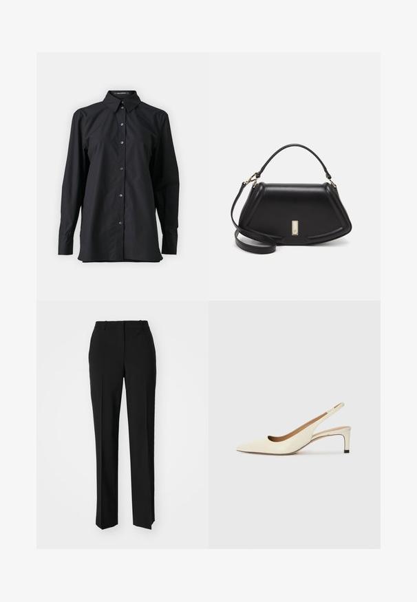 KARL LAGERFELD SIGNATURE TUNIC - Cămașă - black; Pantaloni negri tailor-ed cu un design drept, având o textură fină și cute clare pe față. Fără elemente de prindere vizibile.; Sandal cu vârful ascuțit, tip slingback, din piele albă, cu toc jos și design decupat, având o textură fină și accente minime.; Geantă de umăr din piele neagră, cu un design structurat, având o formă tăiată, mânere superioare și accente din aur. Include o curea de umăr ajustabilă.