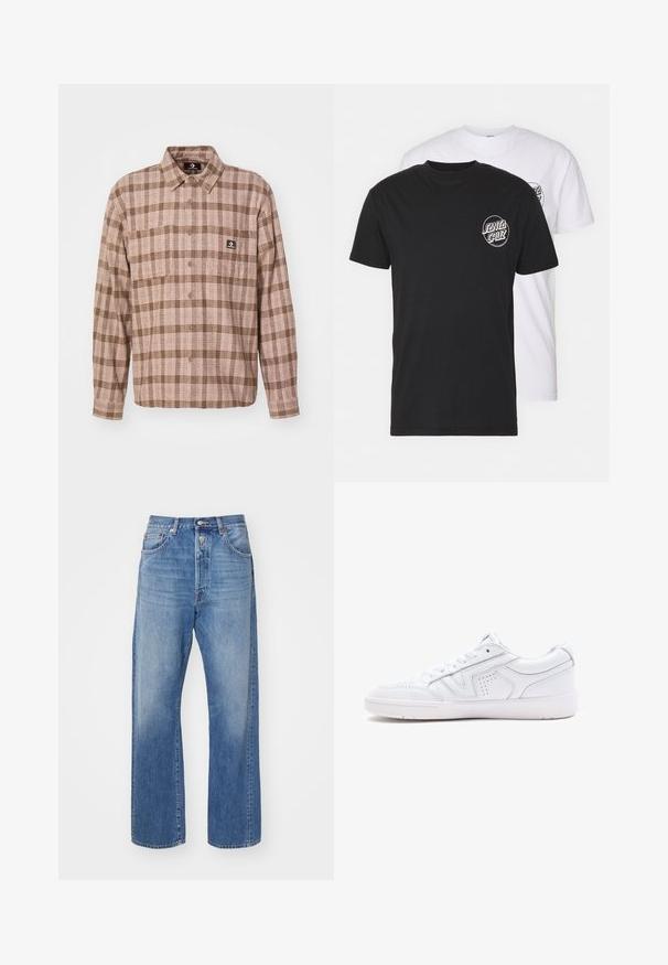 Converse HOLIDAY BUTTON DOWN WARM - Ing - classic taupe; Két póló csomag: az egyik fekete, a másik fehér. Mindkettő rövid ujjú, és egy kör alakú logó található rajta a mellkason, kontrasztos színben. Pamut anyag.; Világoskék farmernadrág egyenes szárú szabással, gombos záródással, öt zsebbel és finom kopással az anyagon.; Fehér bőr sportcipő, alacsony tervezéssel, kerek orral, perforált részletekkel és texturált talppal. Fűzős és diszkrét varrásokkal kiegészítve.