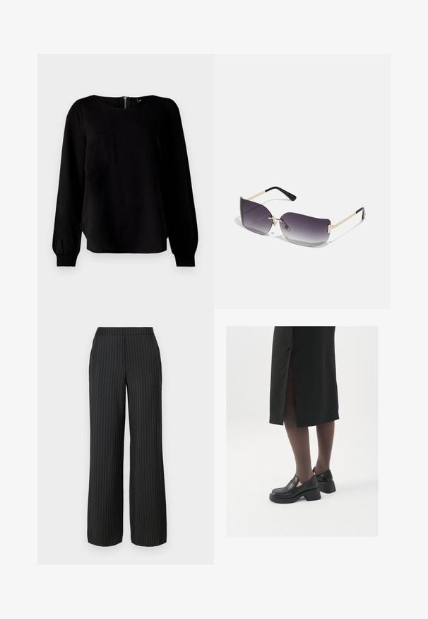 Melna garām piedurknēm blūze ar noapaļotu kakla izgriezumu, smockētiem apkaklītes galiem un aizmugurē esošu rāvējslēdzēja detaļu, izgatavota no gluda auduma ar vieglu spīdumu.; Melni platās bikses ar svītru rakstu, ar platu jostasvietu un divām sānu kabatām, izgatavotas no gludas auduma.; Melni ādas apavi ar noapaļotu purngalu, biezām bloku papēžiem un elastīgiem sānu akcentiem, apvienoti ar tumšām zeķubiksēm un melnu svārku ar šķirbu.; Saulesbrilles ar pelēko gradienta lēcu, zelta metāla rāmi un melnām plastmasas detaļām. Unikāli tauriņa formas lēcas ar plānām kājām.; Zelta gredzenu auskari, četri gabali, gluda virsma, noapaļota forma, dažādu izmēru, ar eņģu aizdari ērtai valkāšanai.