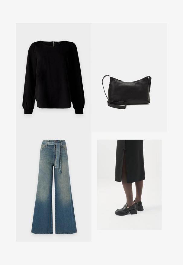Black long-sleeve top with a round neckline, smocked cuffs, and a back zipper detail, crafted from a smooth fabric with a slight sheen.; Wide-leg denim trousers featuring a light to dark blue gradient, high waist, belt loops, and a matching fabric belt. Textured denim finish.; Black leather shoes with a rounded toe, thick block heel, and elastic side accents, paired with dark tights and a black skirt with a slit.; Black leather shoulder bag with a smooth texture, curved shape, adjustable strap, and a zip closure. Minimalist design without embellishments.