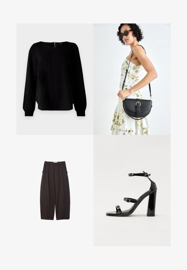 Crna majica dugih rukava s okruglim izrezom, nabranim manžetama i detaljem sa patentnim zatvaračem na leđima, izrađena od glatkog materijala s laganim sjajem.; Crne široke hlače napravljene od glatke tkanine, s visokim strukom, prednjim nabranjima i bočnim džepovima. Jednostavan dizajn bez ukrasa.; Crne lakirane sandale na visoku petu s dva remena s kopčama, kvadratnim vrhom i masivnom blok petom, s glatkom, sjajnom teksturom.; Crna kožna torba s lukovitim oblikom, odvojivim remenom i zlatnim detaljima. Torba ima preklop s kopčom.