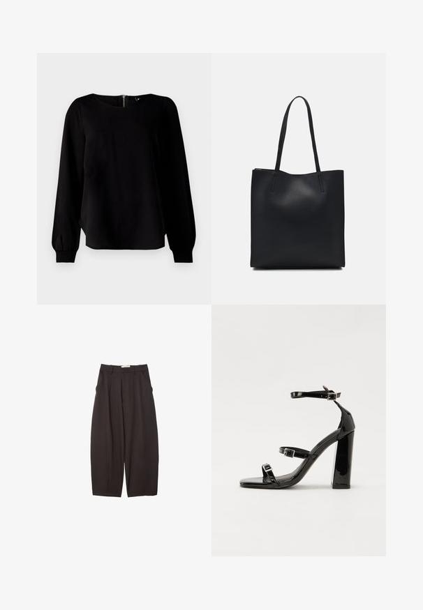 Čierny dlhý rukáv top s okrúhlym výstrihom, sťahovanými manžetami a zipsom na chrbte, vyrobený z hladkej tkaniny s jemným leskom.; Čierne široké nohavice vyrobené z hladkej tkaniny, s vysokým pásom, prednými skladmi a bočnými vreckami. Jednoduchý dizajn bez ozdôb.; Čierne lakované sandále na podpätku so štvorcovou špičkou, navlečenými remienkami okolo členku a striebornými prackami. Disponujú masívnym blokovým podpätkom pre stabilitu.; Čierna kožená taška na rameno s hladkým povrchom, obdĺžnikovým tvarom a dvoma dlhými uchami. Bez viditeľného kovania alebo ozdôb.
