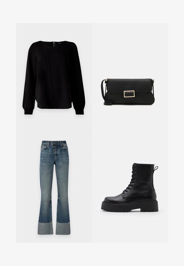 Top nero a maniche lunghe con scollatura rotonda, polsini arricciati e dettaglio con zip sul retro, realizzato in un tessuto liscio con una leggera lucentezza.; Jeans a zampa d'elefante in denim blu medio con vita alta, cinque bottoni e orlo sfilacciato. Presentano un risvolto più chiaro in fondo e una texture sbiadita.; Stivaletti in pelle nera alla caviglia con punta rotonda, lace-up frontale e suola in gomma spessa con battistrada textured. Tassello sul retro.; Borsa a mano in pelle nera con patta e dettaglio in metallo dorato. Include una tracolla nera e un design elegante e minimalista.; Orecchini a cerchio color oro, sottili e rotondi, con una finitura metallica liscia e senza decorazioni o motivi.