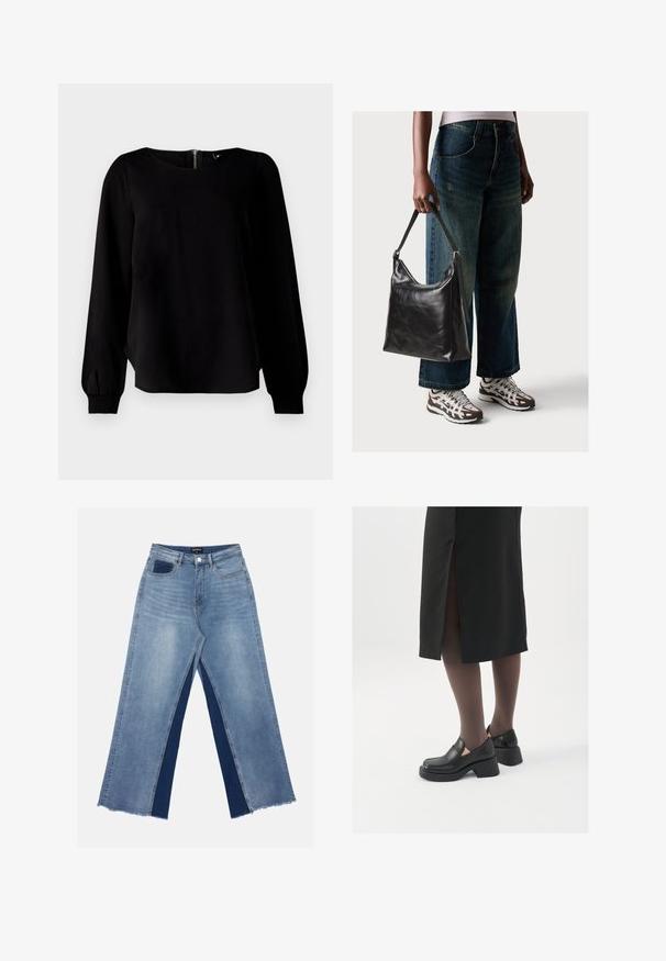 Juodas ilgos rankovės marškinėlis su apvaliu kaklu, surauktais rankogaliais ir užtrauktuku nugarinėje dalyje, pagamintas iš lygaus audinio su švelniu blizgesiu.; Šviesiai mėlynos plačiakančios džinsai su kontrastingais tamsiai mėlynais įdėklais, suplėšytais kraštais ir standartine liemeniu su metaliniu užsegimu.; Juodos odinės bateliai su apvaliu nosiu, stora blokine pakulne ir elastingais šonais, derinami su tamsiomis pėdkelnėmis ir juoda sijonu su plyšiu.; Juodas odinis peties krepšys su lygiu paviršiumi ir reguliuojama dirželiu, derinamas su nublukusiais plačiapurčiais džinsais ir sportiniais batais.