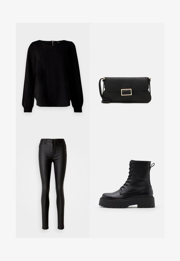Schwarzes Langarmoberteil mit Rundhalsausschnitt, gerafften Bündchen und einem Reißverschlussdetail im Rücken, gefertigt aus einem glatten Stoff mit leichtem Glanz.; Schwarze, enganliegende Skinny Jeans aus Kunstleder mit glatter Textur, hoher Taille, Knopfverschluss und traditionellem Fünf-Taschen-Design.; Schwarze Lederstiefeletten mit runder Zehenpartie, Schnürung vorne und einer dicken Gummisohle mit strukturiertem Profil. Mit Zugschlaufe an der Rückseite.; Schwarze Leder-Clutch mit Klappe und goldfarbenem Metallschnallen-Detail. Enthält einen schwarzen Riemen und ein schlankes, minimalistisches Design.; Goldfarbene Ohrringe in Form von dünnen, runden Kreolen, mit einer glatten, metallischen Oberfläche und ohne Verzierungen oder Muster.