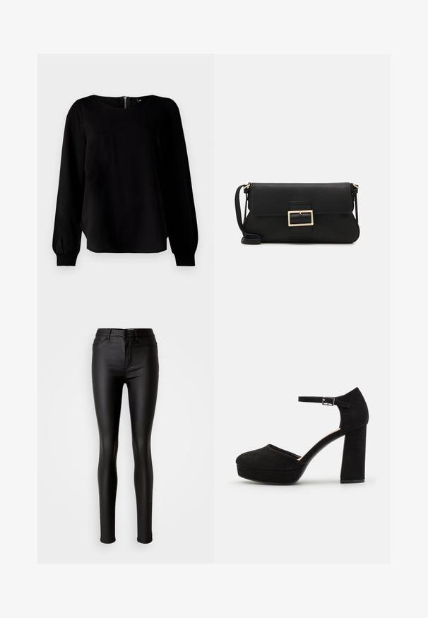 Must kokkuvöödeline must särk, millel on ümmargune kaelus, sikk-sakk varrukad ja seljaosa lukuga detail. Särk on valmistatud sileda kangaga, millel on kerge sära.; Musta kunstnahast kitsad teksad, millel on sile tekstuur, kõrge vöökoht, nööbiga sulgemine ja traditsiooniline viie tasku disain.; Mustad nubukist platvormi kõrged kontsad, millel on paks plokknina, ümmargune varvas ja pahkluu rihm, mis on kinnitatud metallist sanga abil. Ühtlane sile tekstuur.; Must haben musta nahkklahviga kott, millel on klapp ja kuldne metallist pandla detail. Kaasas must rihm ja stiilne, minimalistlik disain.; Kulla värvi nõelad, õhukesed ja ümmargused, millel on sile metallist pind ja ilma kaunistuste või mustriteta.