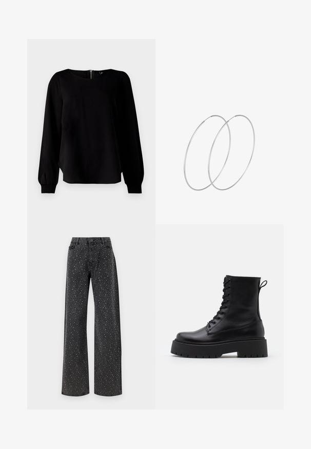 Čierny dlhý rukáv top s okrúhlym výstrihom, sťahovanými manžetami a zipsom na chrbte, vyrobený z hladkej tkaniny s jemným leskom.; Noisy May NMJANNEL LOOSE - Džínsy voľného strihu - black denim; Čierne kožené členkové topánky s okrúhlou špičkou, šnurovaním vpredu a hrubou gumovou podrážkou s textúrovaným vzorom. Sťahovací pútko na zadnej strane.; Strieborné kruhové náušnice s minimalistickým dizajnom. Cirkulárny tvar, hladký povrch a tenký profil. Ľahké s lesklým povrchom.
